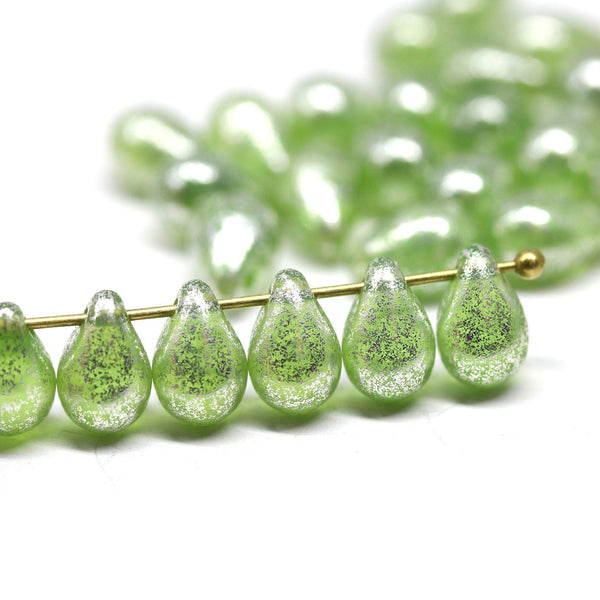 40pc Grass green teardrop czech glass beads Silver wash - 6x9mm