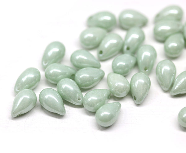 30pc Sage green teardrop czech glass beads - 6x9mm