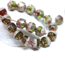 6mm Green purple cathedral czech glass beads, Golden ends fire polished 20Pc
