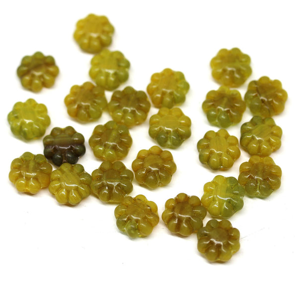 9mm Dark yellow green flower czech glass beads, flat daisy - 30Pc