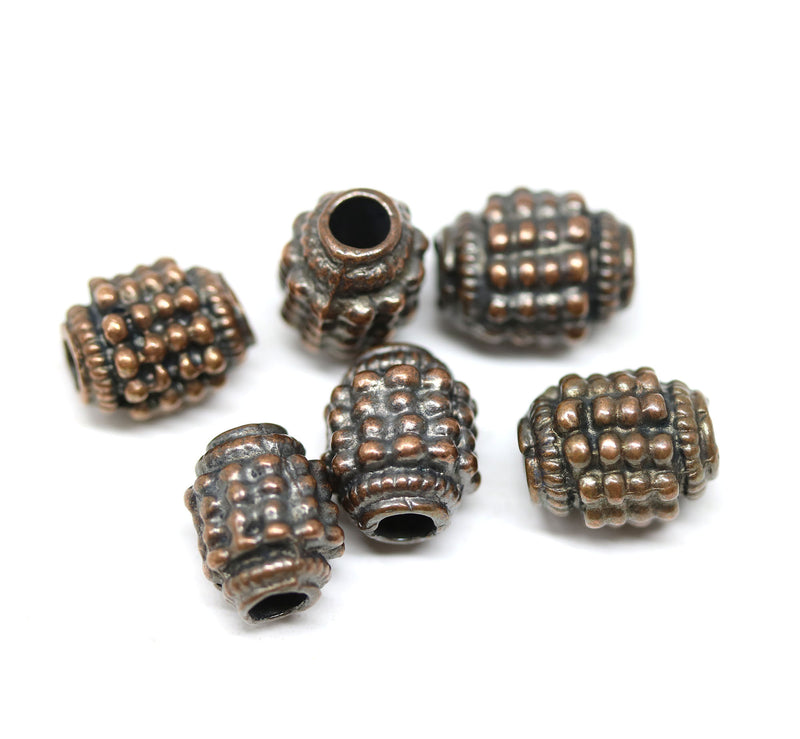 10mm Dotty barrel copper beads, 3mm hole 6Pc