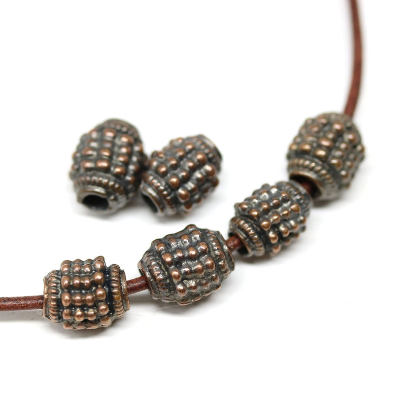 10mm Dotty barrel copper beads, 3mm hole 6Pc