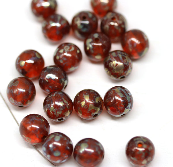 8mm Red orange czech glass Picasso mirror luster pressed druk beads 30Pc