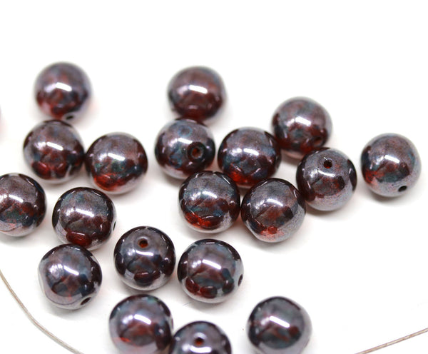 8mm Red czech glass round beads, Mirror luster pressed druk beads 30Pc