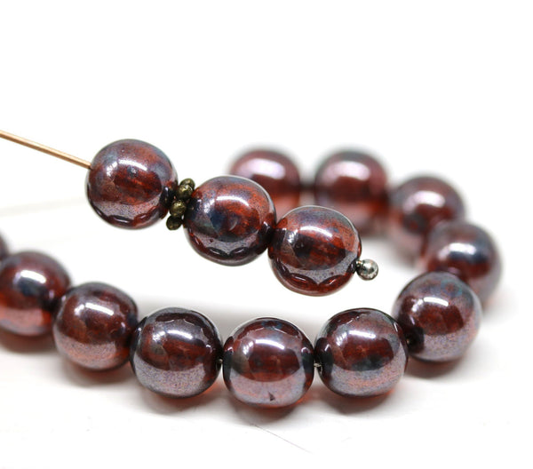 8mm Red czech glass round beads, Mirror luster pressed druk beads 30Pc