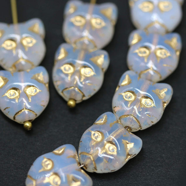 10pc Opal white cat head beads, Czech glass feline beads golden inlays