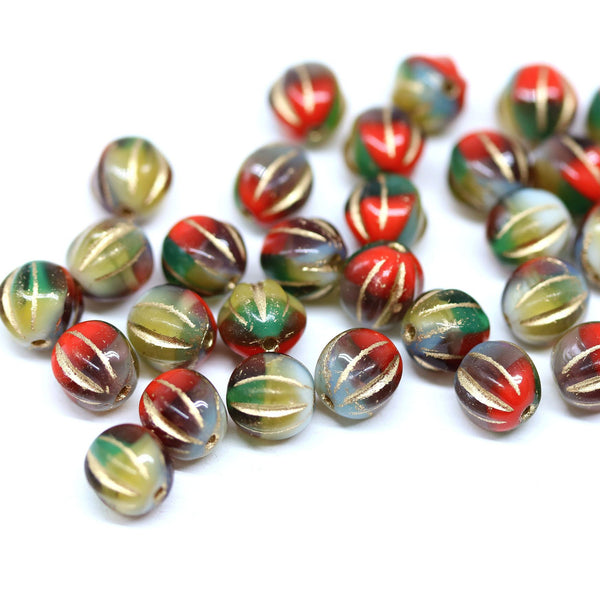 6mm Mixed color round melon czech glass beads - 30Pc