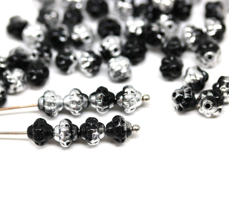 6mm Jet black Silver coating fancy bicone czech glass pressed beads 60pc