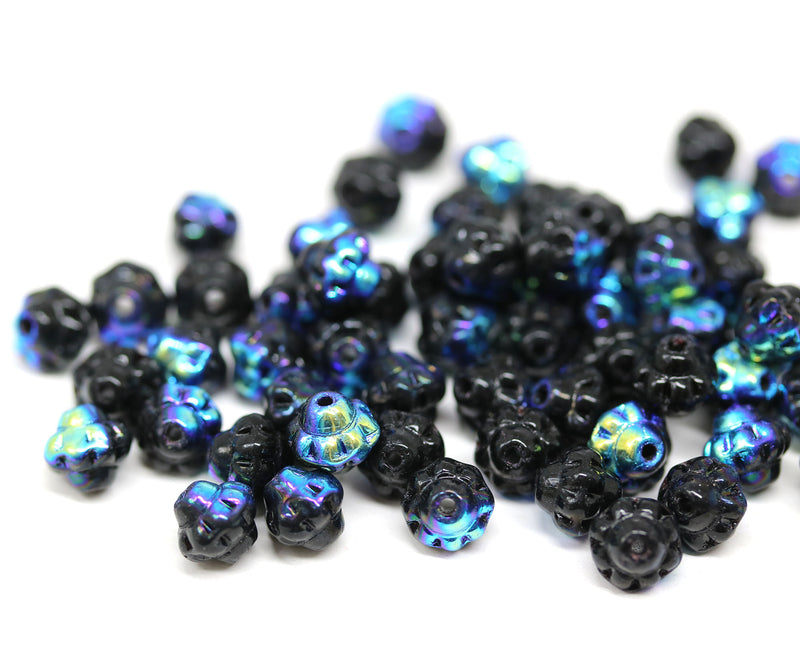 6mm Jet black blue metallic luster fancy bicone czech glass pressed beads 60pc