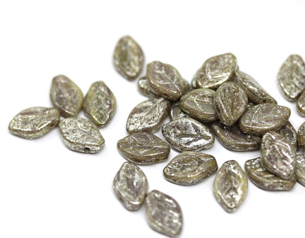 12x7mm Khaki brown green leaf beads, Silver wash Czech glass - 50pc