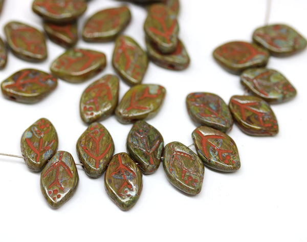 12x7mm Picasso olive green leaf beads, Czech glass pressed leaves - 50pc
