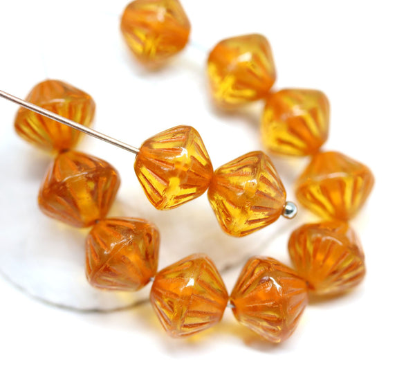 9mm Orange czech glass bicone beads, dark orange stripes pressed beads 15Pc