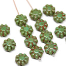 9mm Turquoise green Picasso finish czech glass flower beads, 20Pc
