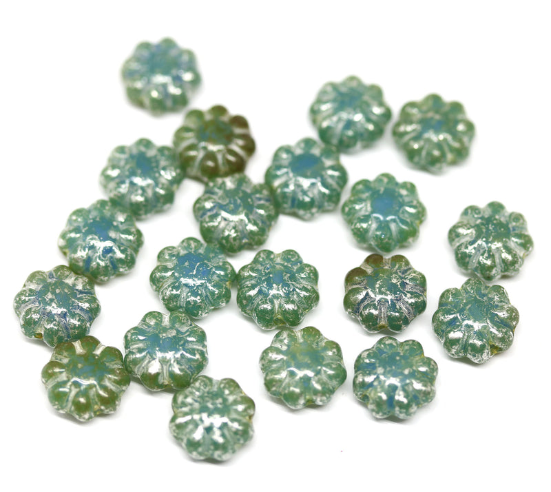 9mm Opal blue green czech glass flower beads, silver wash 20Pc