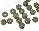 9mm Dark green Picasso finish czech glass flower beads, 20Pc