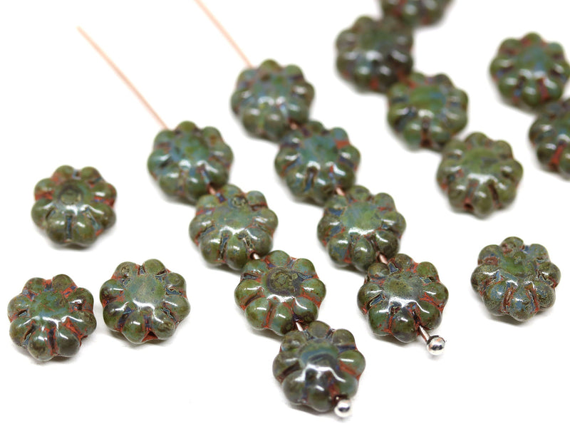 9mm Dark green Picasso finish czech glass flower beads, 20Pc