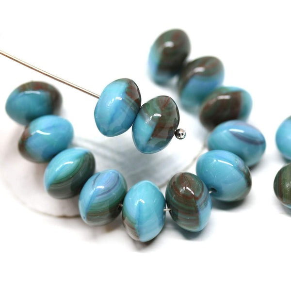 7x11mm Blue brown puffy rondelle Czech glass beads - 15Pc