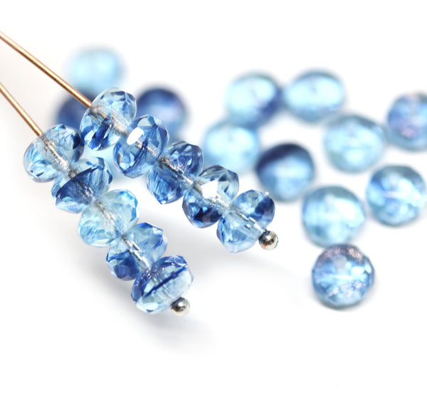 4x7mm Mixed blue czech glass rondelle beads, Fire polished - 25pc