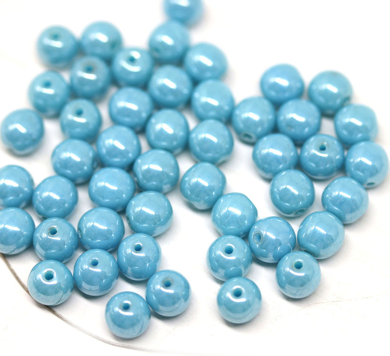 6mm Sky blue lustered czech glass round beads, druk pressed spacers 50Pc