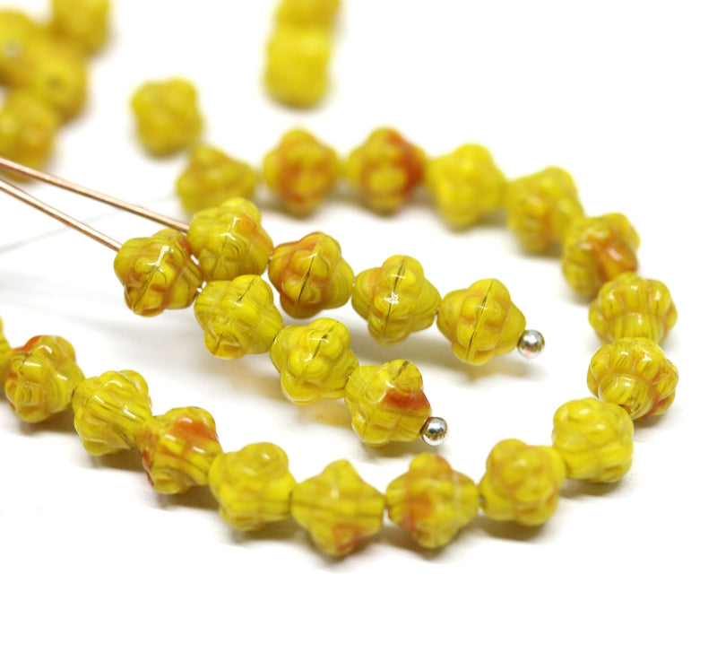 6mm Mixed yellow bicone czech glass beads, yellow red fancy bicones - 70pc