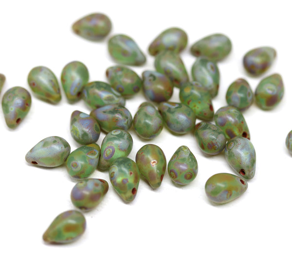 40pc Matte picasso green teardrop beads, Czech glass - 6x9mm