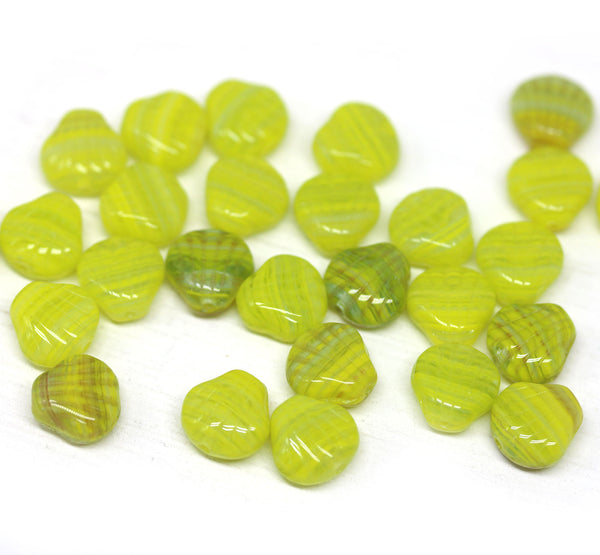 30pc Yellow green czech  glass shell beads, center drilled - 9mm