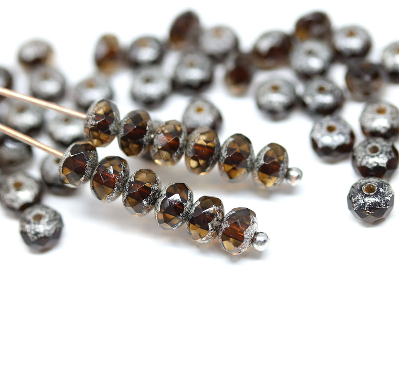 3x5mm Brown topaz czech glass beads, Silver wash rondels - 50Pc