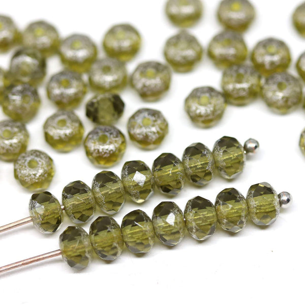 3x5mm Light olivine czech glass beads, Silver wash rondels - 50Pc
