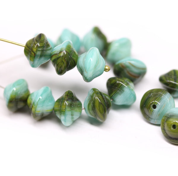 8x10mm Mixed green saucer Czech glass beads UFO shape - 20Pc