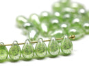 40pc Grass green teardrop czech glass beads Silver wash - 6x9mm