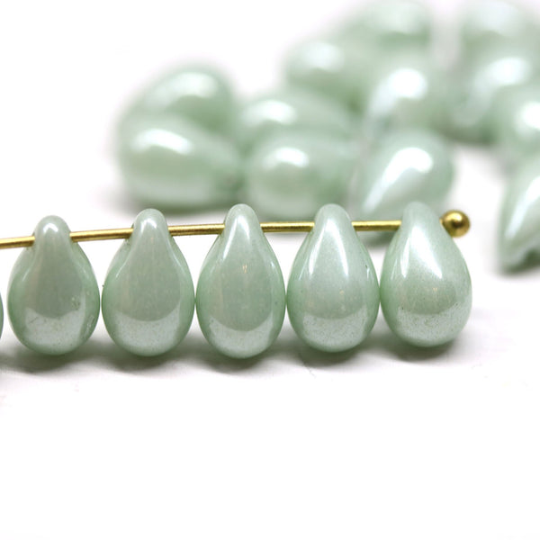 30pc Sage green teardrop czech glass beads - 6x9mm