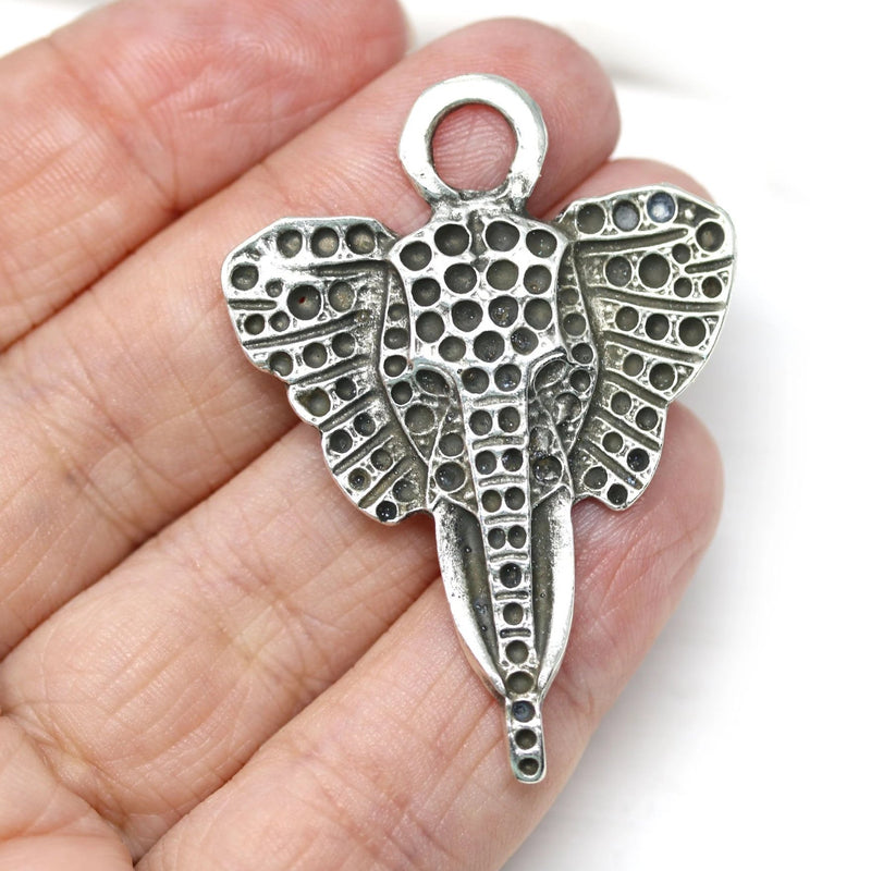 Large elephant head pendant bead, Antique silver