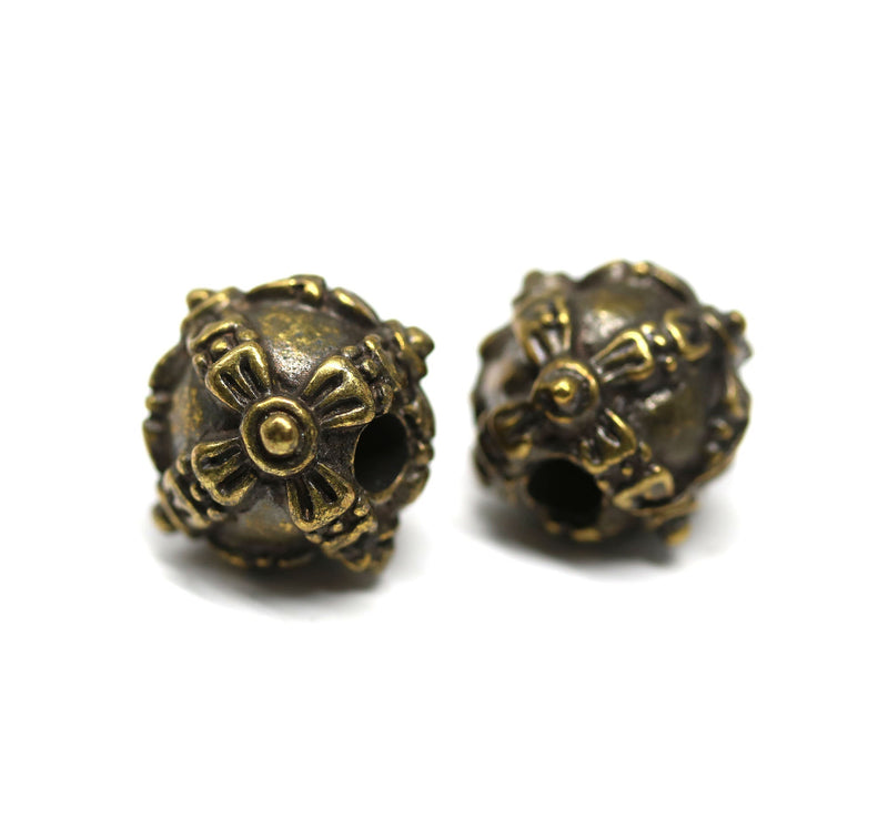12mm Large antique brass ornament round beads, 3mm hole 2Pc
