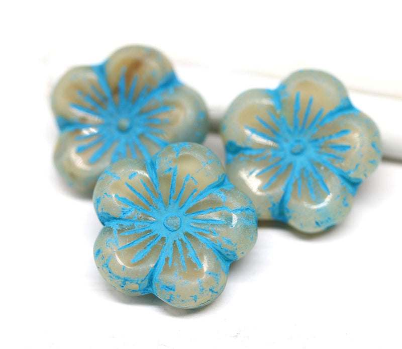 22mm Large blue flower beads, Mixed beige czech glass big flower beads 3pc