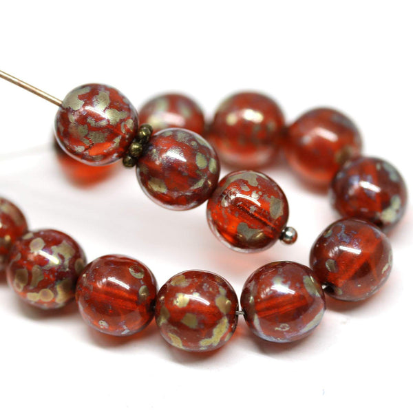 8mm Red orange czech glass Picasso mirror luster pressed druk beads 30Pc
