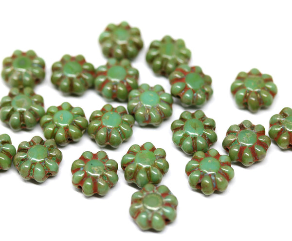 9mm Turquoise green Picasso finish czech glass flower beads, 20Pc