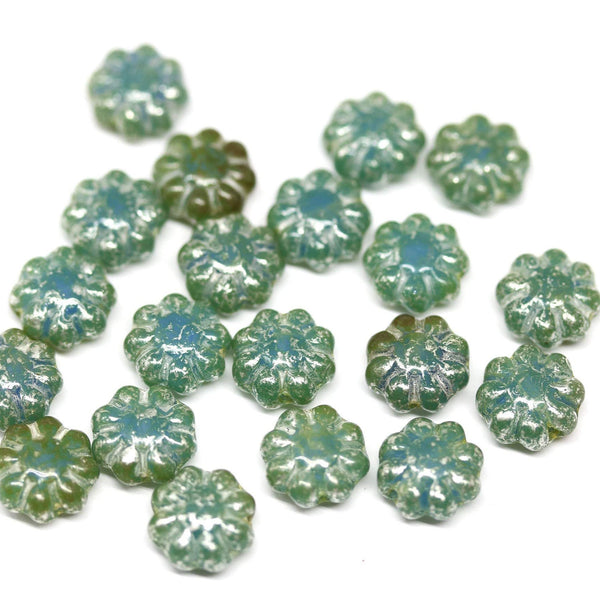 9mm Opal blue green czech glass flower beads, silver wash 20Pc
