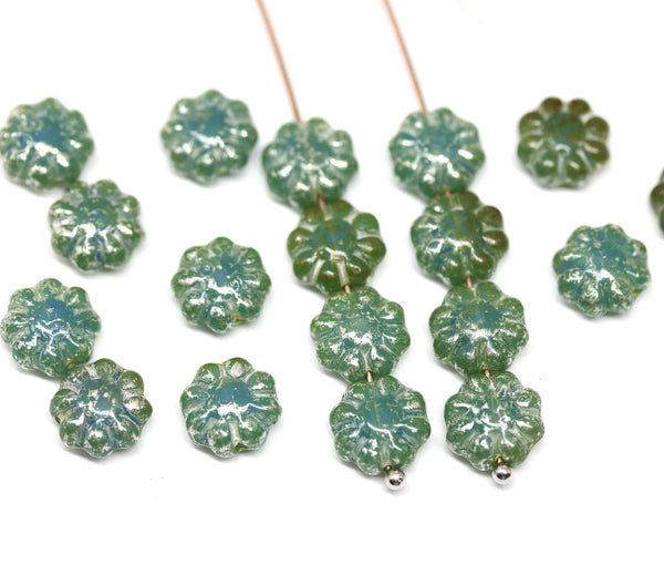 9mm Opal blue green czech glass flower beads, silver wash 20Pc