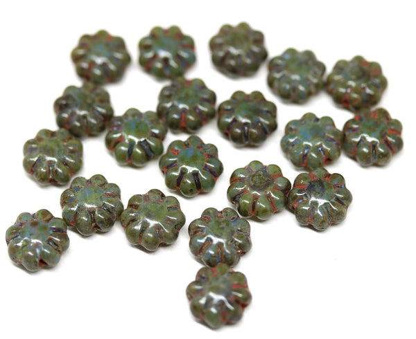 9mm Dark green Picasso finish czech glass flower beads, 20Pc