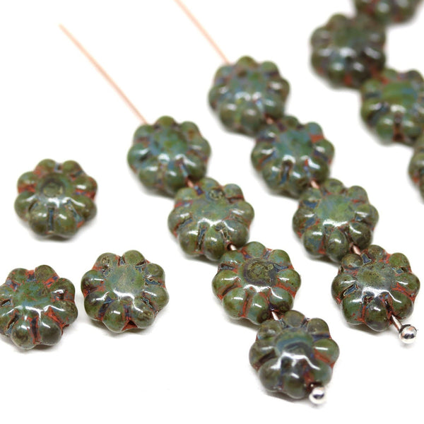 9mm Dark green Picasso finish czech glass flower beads, 20Pc