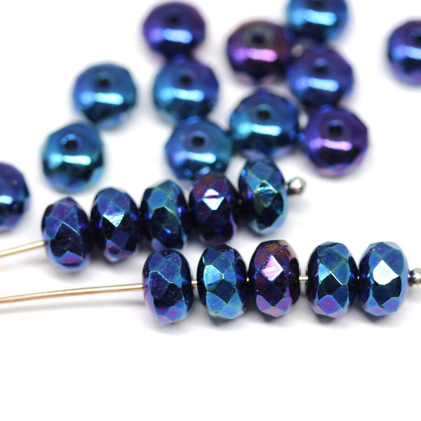 25pc Dark blue metallic rondelle beads, fire polished czech glass - 4x7mm