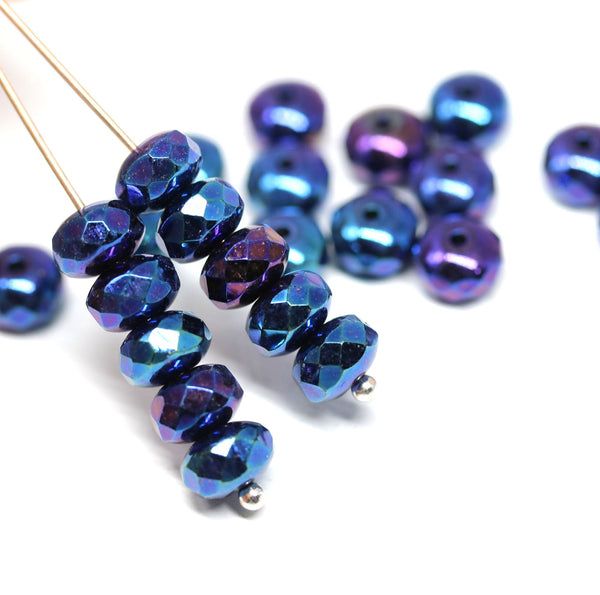 25pc Dark blue metallic rondelle beads, fire polished czech glass - 4x7mm