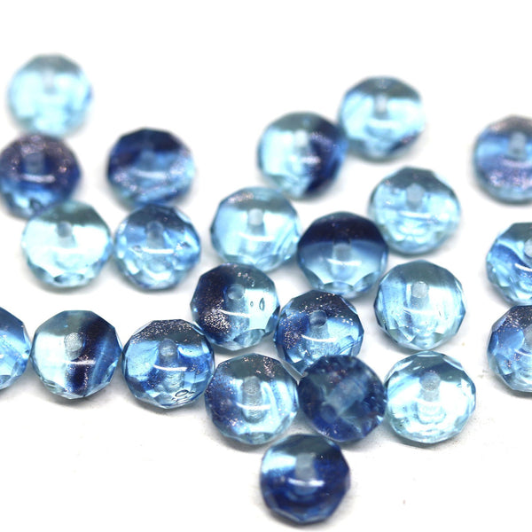 4x7mm Mixed blue czech glass rondelle beads, Fire polished - 25pc