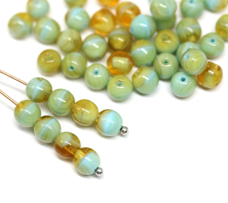6mm Blue yellow czech glass round beads, druk pressed spacers 50Pc