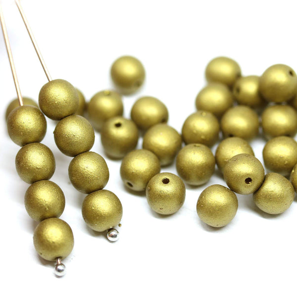 6mm Matte dull gold Czech glass beads, round druk pressed spacers - 50Pc