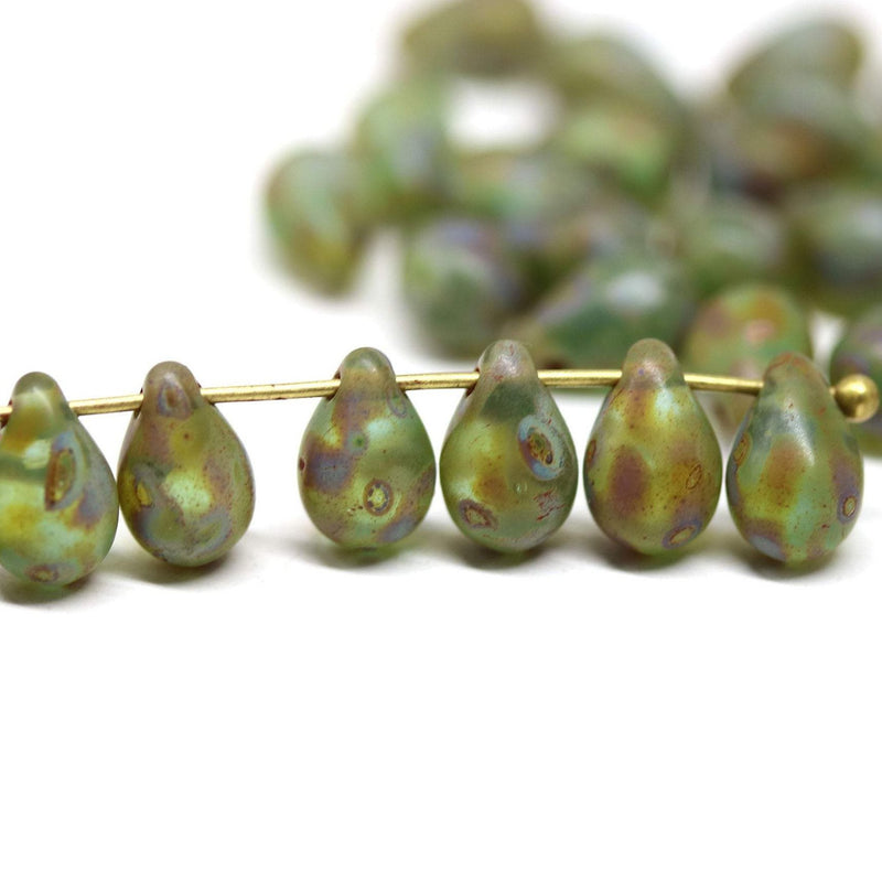 40pc Matte picasso green teardrop beads, Czech glass - 6x9mm