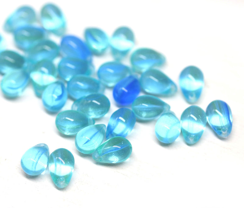 40pc Transparent aqua blue czech glass teardrop beads - 6x9mm