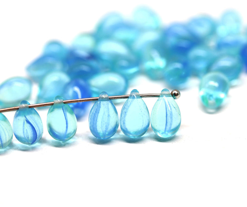 40pc Transparent aqua blue czech glass teardrop beads - 6x9mm