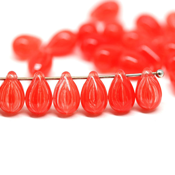 30pc Mixed light red czech glass teardrop beads, red top drilled pressed - 6x9mm