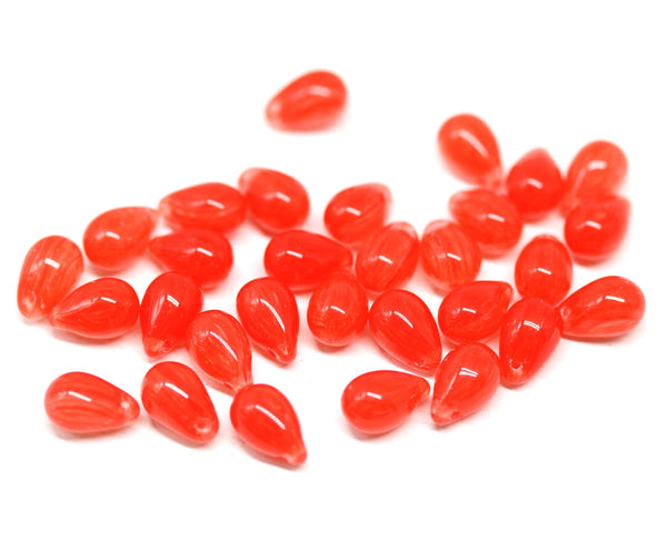 30pc Mixed light red czech glass teardrop beads, red top drilled pressed - 6x9mm